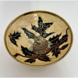 Vintage Brass Enamel Cloisonné Christmas Pedestal Bowl Bird Holly Berries India